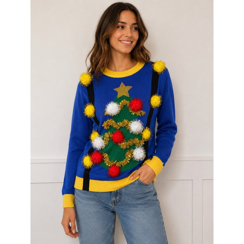 Tipsy Elves Womens Christmas Tree Pom Pom Sweater Blue XS Holiday Ugly Sweater